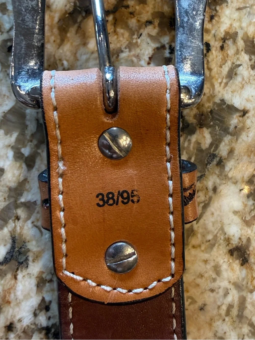 Hand-Tooled Brown Leather Men's 38 Belt with Decorative Silver Buckle